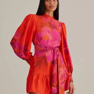 Farm Rio Peony Long-Sleeve Tie-Waist Mini Dress